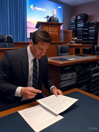 A man in a suit signs official documents at a courtroom desk.