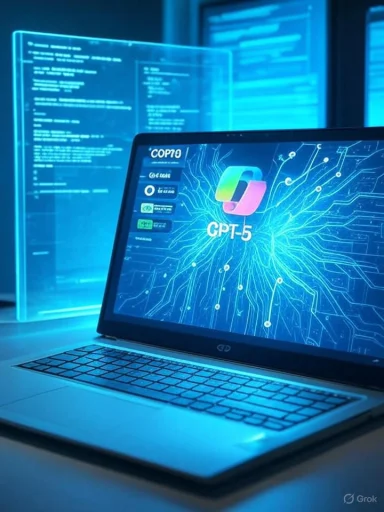 A laptop displays CPT-5 software with a colorful logo against a blue circuitry background.