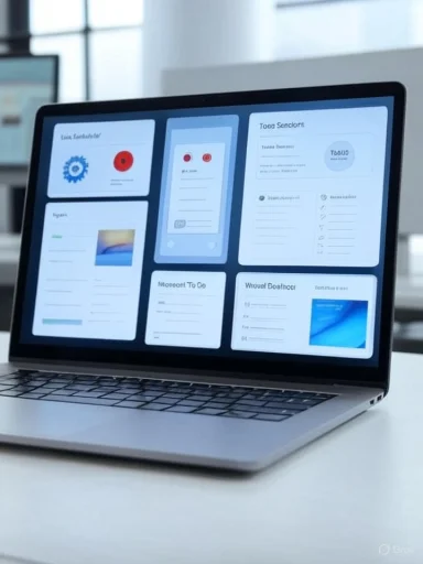 A laptop displays a grid of blue UI cards and dashboards on its screen.