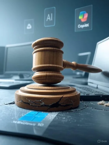A wooden gavel rests on a cracked surface with AI icons in the background.