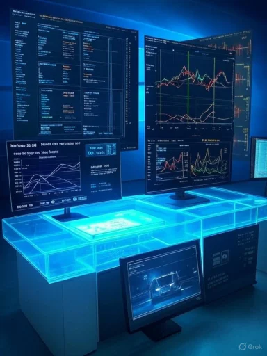 A high-tech command center with multiple screens displaying charts and data, glowing blue.