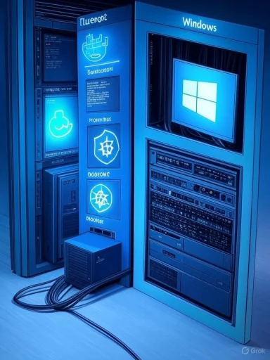 A blue-lit Windows server rack filled with glowing panels and hardware.