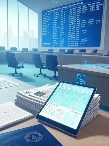 Modern conference room with a blue display board, empty chairs, a tablet showing charts, and stacks of newspapers. Modern conference room with a blue display board, empty chairs, a tablet showing charts, and stacks of newspapers.