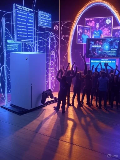 Group of people pose with raised arms inside a neon-tech exhibition with a glowing circular display.
