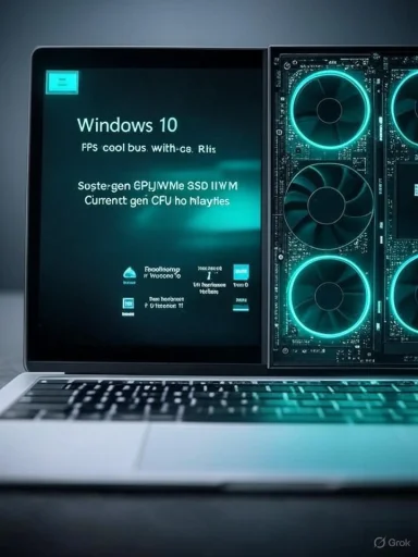 A laptop showing Windows 10 on the left and glowing teal cooling fans on the right.
