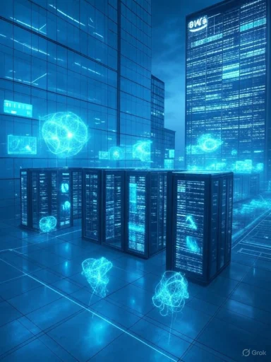 A futuristic data center bathed in blue holographic displays around glowing server racks.