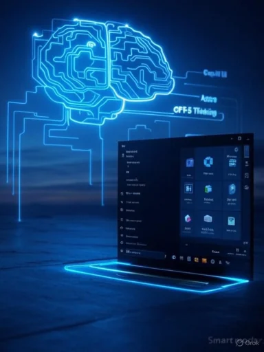 A glowing blue neon brain hologram rises behind a sleek laptop.