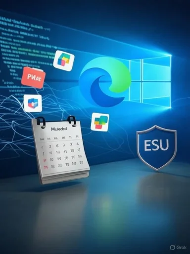 Digital security concept on Windows: calendar, app icons, and an ESU shield. Digital security concept on Windows: calendar, app icons, and an ESU shield.