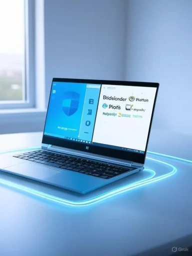 A sleek laptop glows on a blue-lit desk by a window.
