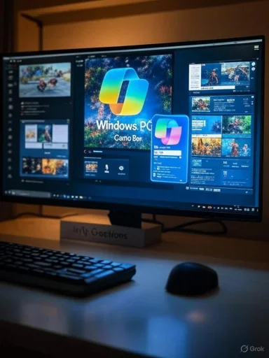 A monitor displays Windows UI with a colorful logo; keyboard and mouse sit on the desk.
