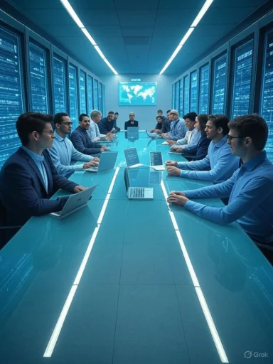 A high-tech team meeting around a glass conference table in a blue-lit data center.