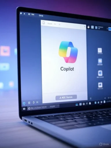 Laptop screen shows a design mockup featuring the Copilot logo with a rainbow ribbon.
