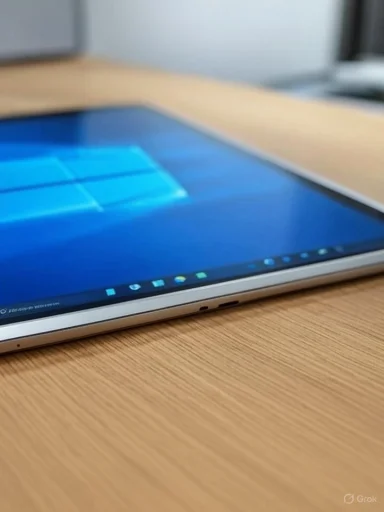Slim Windows tablet on a wooden desk, viewed from the edge.