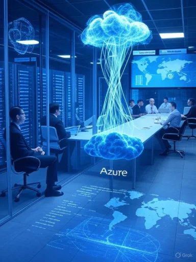 Azure cloud network visualization hovering above a conference room table in a server lab.