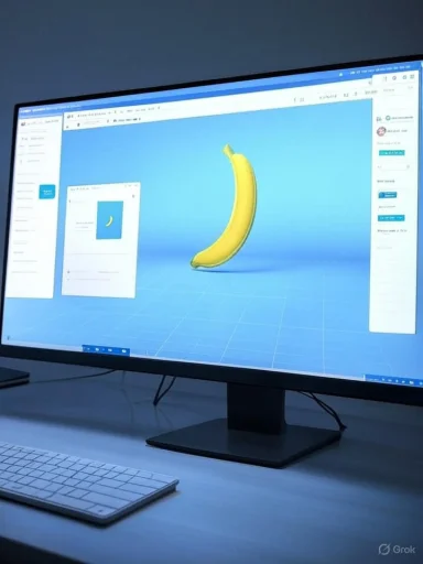 A computer monitor displays a 3D yellow banana on a blue digital workspace, with a keyboard in front. A computer monitor displays a 3D yellow banana on a blue digital workspace, with a keyboard in front.