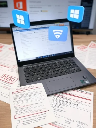Laptop on a desk with floating blue app icons (Windows and Wi‑Fi) above scattered papers.