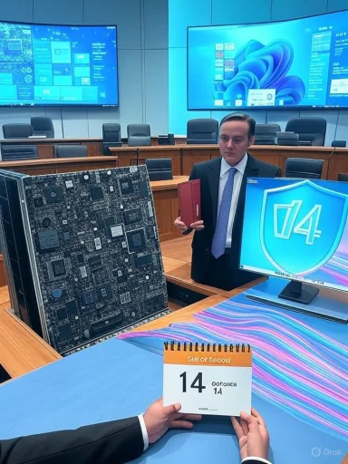 A suited man holds a red folder beside a large circuit board in a conference room.