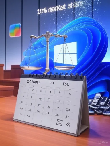 Desk calendar with a balance scale sits on a wooden desk, with Windows 11 wallpaper and phones in the background.