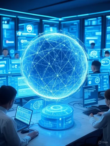 A futuristic control room with a glowing holographic globe hovering over a workstation.
