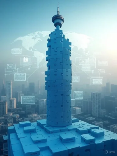 A blue puzzle-piece tower rises above the city, crowned with a satellite antenna.