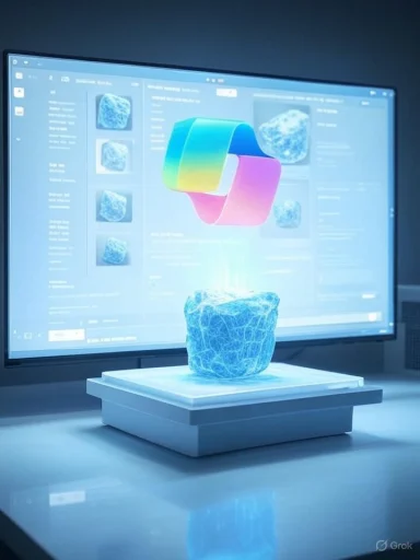A glowing blue rock sits on a pedestal in front of a monitor, with a colorful holographic loop above.