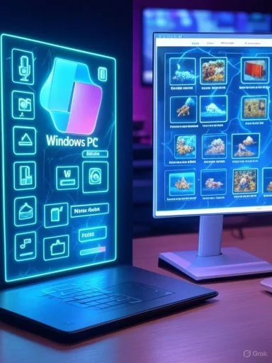 Neon blue holographic Windows PC interface on a laptop, with a monitor displaying image thumbnails.