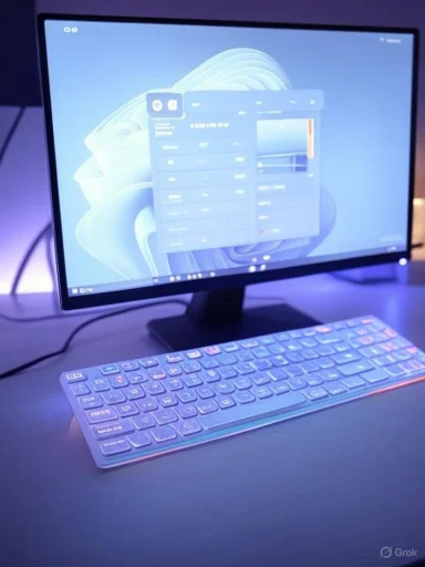 A modern computer setup with a large monitor and glowing keyboard bathed in blue light.