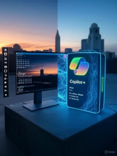 Futuristic workstation with a glowing Copilot+ device beside a tech monitor and city skyline.