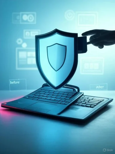 A glowing shield hovers over a laptop, symbolizing cybersecurity protection.
