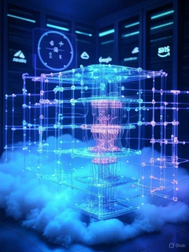 A neon blue holographic cube lattice floats above mist in a data center.