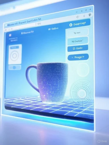 A blue mug is projected on a glowing 3D holographic computer screen.