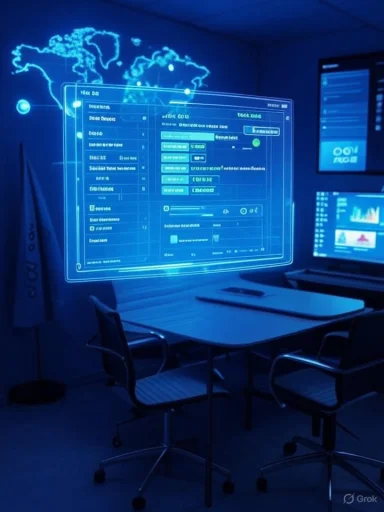 A holographic blue world map and dashboards projected above a conference table.