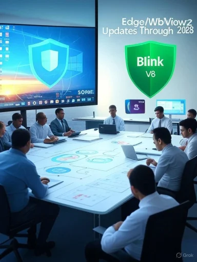 A team of professionals in a boardroom discuss Edge/WbView2 updates and Blink V8.