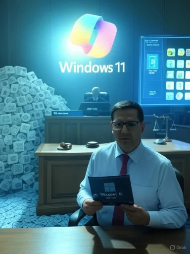 Man in a suit holds a Windows 10 brochure in a Windows 11-themed courtroom set.