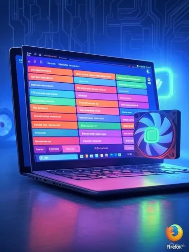 A neon-lit laptop displays a colorful dashboard with an RGB cooling fan mounted on the side.