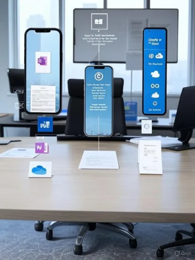 Conference room with holographic smartphone screens and floating app icons above the table.