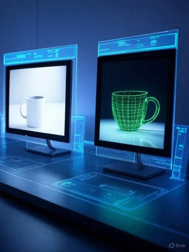 Two screens display a white mug and a green wireframe mug in a futuristic holographic interface.