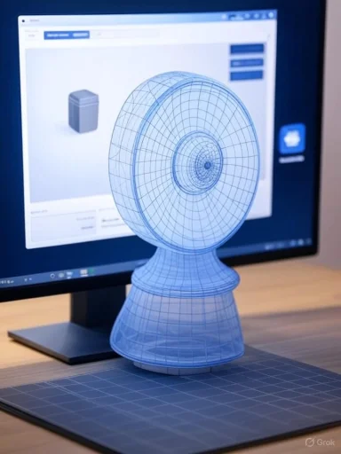 Blue wireframe 3D-printed fan model resting on a desk in front of a computer monitor.