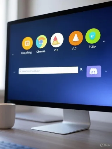 A slim computer monitor on a light desk displays app icons with a mug nearby.