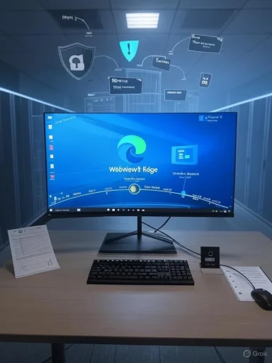 A modern computer workstation inside a glass-walled room, with hovering security icons above the monitor.