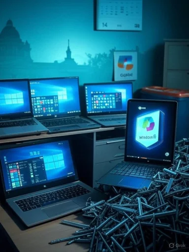 Row of laptops on a desk with a chaotic pile of nails in the foreground.