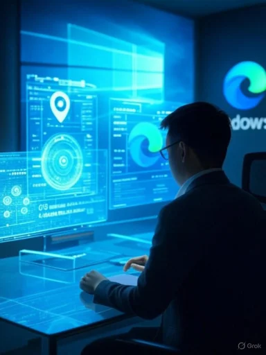 A person in a suit watches blue holographic data screens in a futuristic control room.