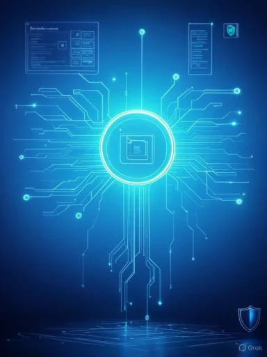 A glowing blue circular hub with radiant circuitry extending outward in a digital-tech illustration.
