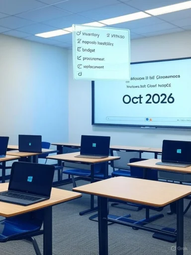 Modern computer lab classroom with multiple laptops on desks and a large Oct 2026 display.