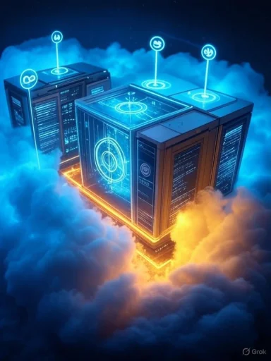 Futuristic blue data servers float in neon-lit clouds with holographic interfaces.