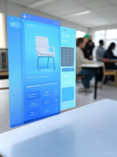 A blue holographic UI displays a chair design floating over a desk in a classroom.