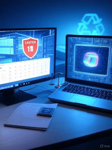 A modern tech desk with two screens displaying futuristic graphics under blue lighting.