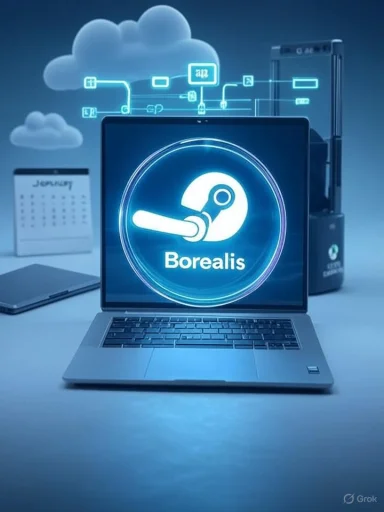 Laptop displays Borealis logo with glowing cloud and network graphics.