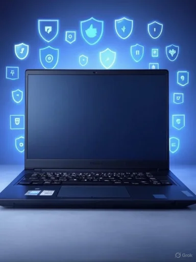 A laptop sits on a desk with blue glowing shield icons projected in the background.