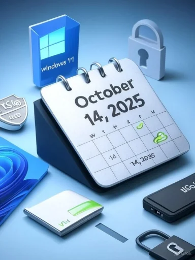 Calendar page shows October 14, 2025, with Windows 11 logo and security icons (lock and shield).